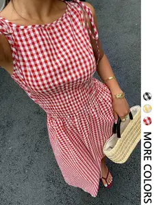 Women's Gingham Check Woven Midi Dress, Tie Shoulder Straps, Smocked Waist, Round Neck, Breathable Fabric, Daily Casual Vacation Picnic Date Wear
