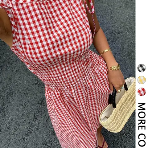Women's Gingham Check Woven Midi Dress with Adjustable Tie-Shoulder Straps, Smocked Waist and Round Neck, Breathable Sleeveless Dress for Casual Wear, Vacations, Picnics and Dates