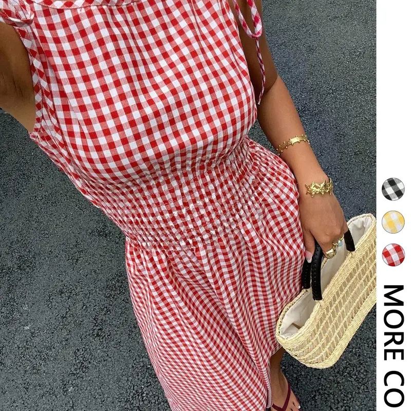 Women's Gingham Check Woven Midi Dress with Adjustable Tie-Shoulder Straps, Smocked Waist and Round Neck, Breathable Sleeveless Dress for Casual Wear, Vacations, Picnics and Dates
