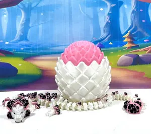 3D Printed Dragon with Egg, Articulated White and Pink Mushroom Dragon, 12 Inches Fidget ADHD Autism Toy D077-WPE