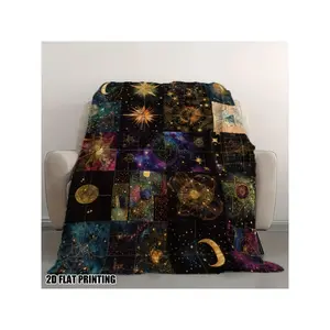 Vintage Mystic Celestial Patchwork Throw Blanket, Golden Sun Moon Star Galaxy Print Soft Cozy Flannel Fleece Blanket for Sofa Couch Home Bedroom Decor