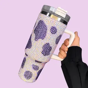 40oz Rhinestone Cow Print Stainless Vacuum Flask Tumbler With Handle, Stainless Vacuum Flasks Water Bottles Bottled