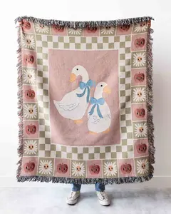Cute Goose Blanket: Pink Checker Decor, Kawaii Animals Gift, Pastel Farmhouse Country, Cottagecore Kids Bedding, Maximalist Eclectic Unique