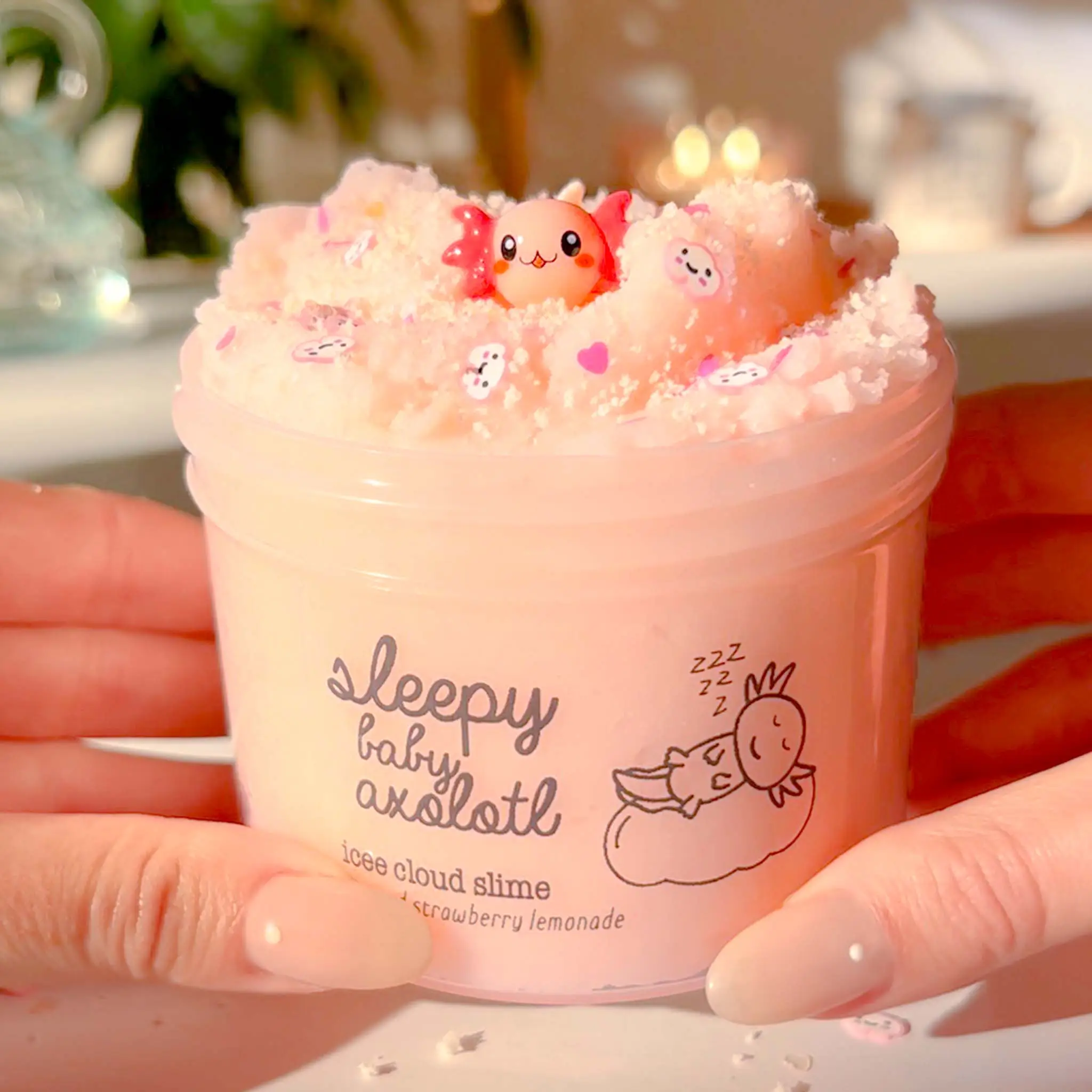 Sleepy Baby Axolotl Slime • Pink Icee Cloud Slime • Fluffy Slime • Slime with Axolotl Charm + Sprinkles • Strawberries & Cream Scented Slime