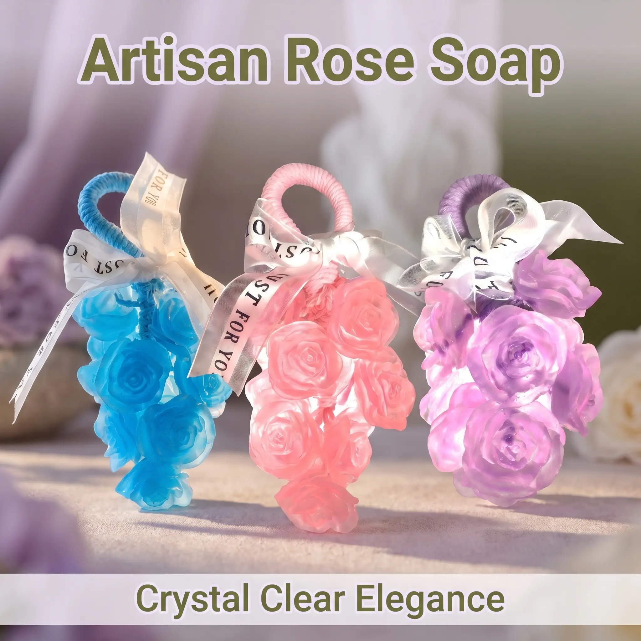 Handmade Soap on a Rope - 3D Crystal Rose Artisan Bar Soap & Aesthetic Hanging Decor ASMR Bath Gift Exquisite Flower Hanging Decor & Artisan ASMR Bar Soap