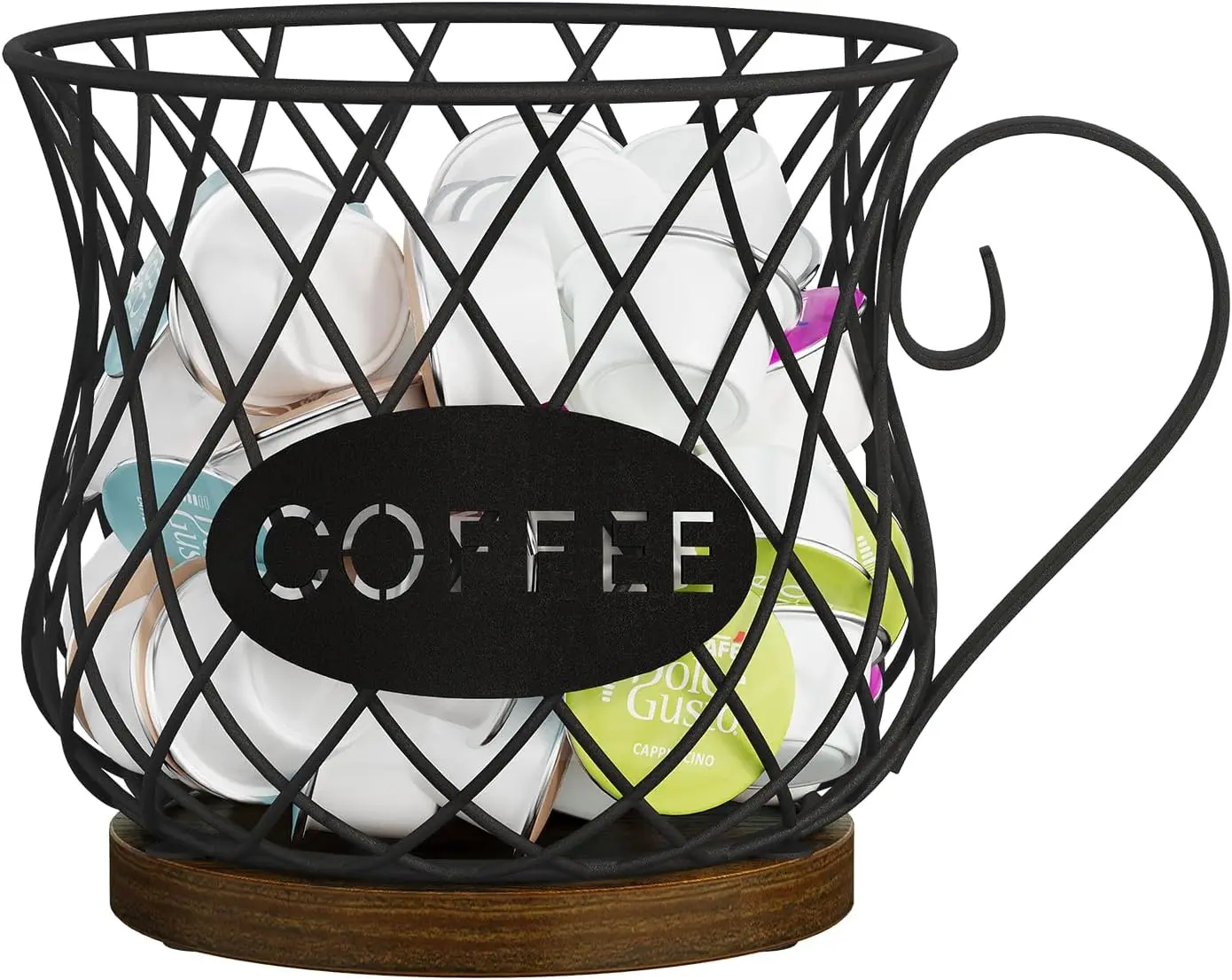Coffee Mug Basket -  Black Wire Coffee,  Storage Container with Wooden Base for Coffee Pods and Accessories