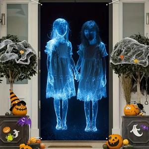 hego halloween ghost light-up door banner, indoor front door decoration, polyester fiber non-electric horror decor, haunted house backdrop