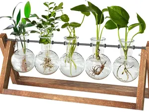 Plant Terrarium with Wooden Stand, Desktop Propagation Stations Glass Air Planter Metal Swivel Holder for Indoor Live Hydroponics Plants Office Home Garden Decor (5 Bulb Vase)