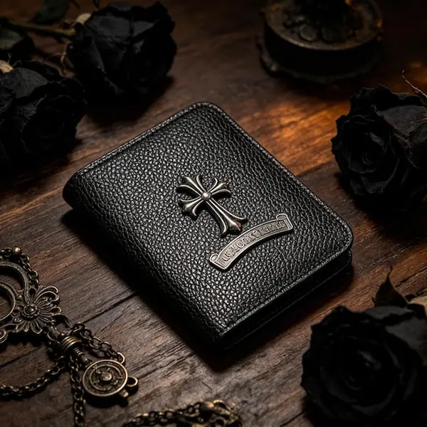 [Hot Item] Chrome Hearts Style Men's Black Leather Wallet Gothic Cross Embossed Bifold Wallet RFID Blocking Slim Card Holder