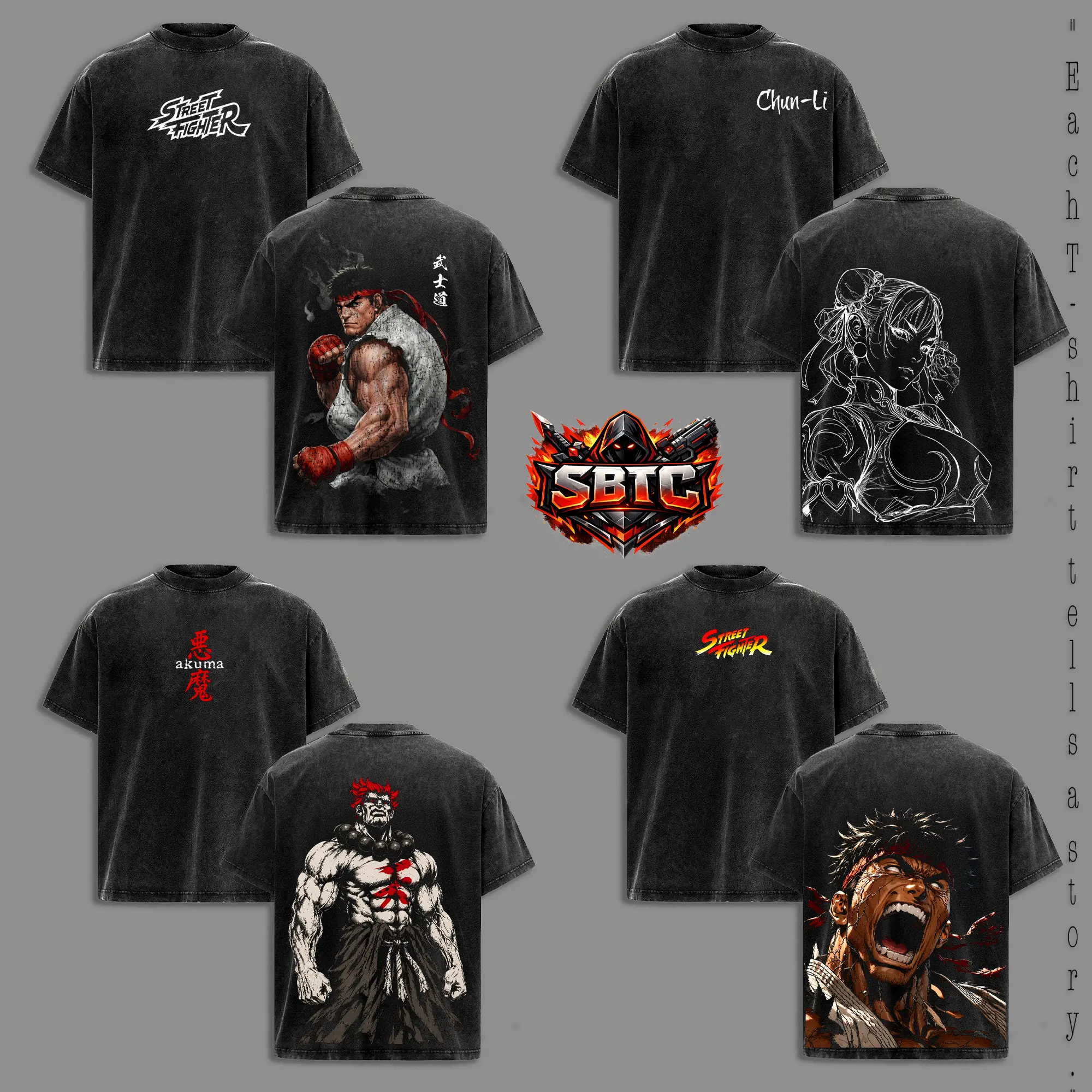 [Collection] Street Fighter Ryu, Ken, Chun-Li, Akuma, Cammy Graphic Tee, Double-Sided Vintage Washed Cotton T-Shirt, Retro Arcade Fighting Game Streetwear, Oversized Casual Short Sleeve Top, Classic Gamer Fan Apparel, Unisex Gift Clothes Menswear