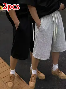 Men’s Summer Casual New Arrival 2-Pack Knee-Length Pants — Drawstring Waistband, Simple Versatile Straight Cut, Loose Fit for a Relaxed Street Style Look