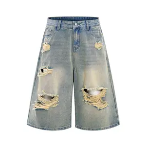 Men’s trendy ripped straight-leg mid-length jeans—stylish fit, 3D cut, premium fabric, new summer retro washed distressed design #SummerWins #fathersdaygift