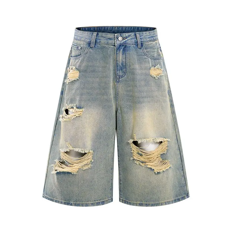 Men’s trendy ripped straight-leg mid-length jeans—stylish fit, 3D cut, premium fabric, new summer retro washed distressed design #SummerWins #fathersdaygift