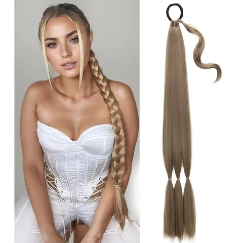 Women’s 32-in Braided Ponytail Extension - Straight Wrap-Around Synthetic Soft Hairpiece with Secure Tie Hold, Dark Brown Mixed Honey Blonde Draped Heat Resistant Braiding Hair for Daily, Party, Cosplay Use, Blends Well