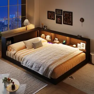 Queen Size Corner Bed with Bookcase Headboard, Wood Floor Daybed with LED Lights & USB Ports, Wood L-Shape Day Bed Frame with Storage, Brown