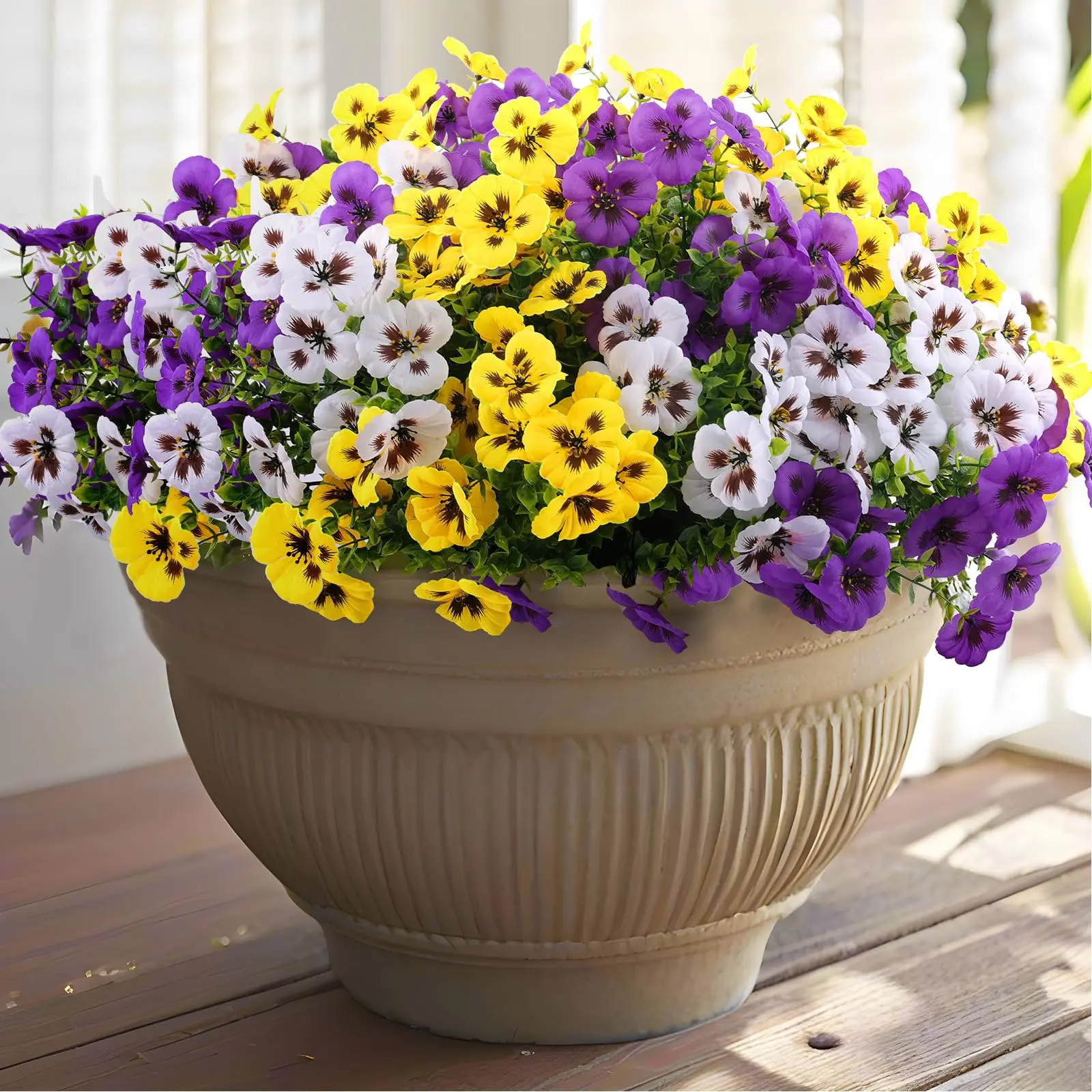 Artificial Fake Pansy Flowers for Outdoor, Faux Silk Pansies Spring Flowers, Decorative Flowers, Home Decor, Planter, Front Door, Porch, Yard, Patio, Window Box, Lifelike Fake Plant, Artificial Outdoor Plants