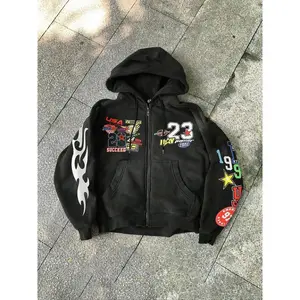 Racing Patchwork Print Zip Hoodie, Street Style, Casual Daily Wear, Warm Fabric, Vintage Inspired Design, Unisex Fashion Piece