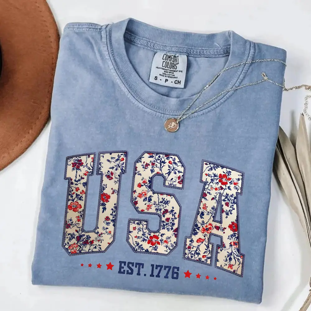Comfort Colors Floral USA Tee, Retro America Shirt, 4th Of July Tee, 4th Of July Sublimation Design, America Coquette Shirt, Patriotic, Girly