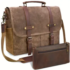 Hot selling styles Vintage-Style 15.6-inch Messenger Bag - Waxed Canvas Briefcase With Genuine Leather Trim, Large Capacity Shoulder Bag With Matching Leather Pouch