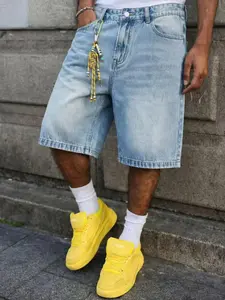 Men's Summer Loose Fit Denim Fabric Shorts, Casual Streetwear Plain Design, High-Quality Soft Washed Medium Wash Blue Jeans, Versatile, Breathable and Comfortable
