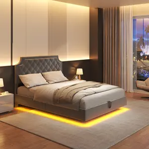 Full Size Floating Bed Frame with LED Lights & Charging Station, Hydraulic Storage Platform Bed with Hidden Legs, Easy Assembly, No Box Spring Needed