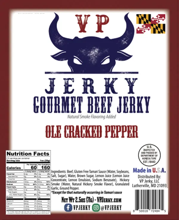 "Ole Cracked Pepper" Beef Jerky produced in Maryland by VP Jerky