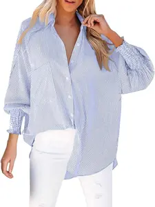 Women's Striped Button Down Shirt Puff Sleeve Oversized Blouse Boyfriend Loose Tunics Business Work Tops Casual Fit Soft Cotton Blend Style Overall