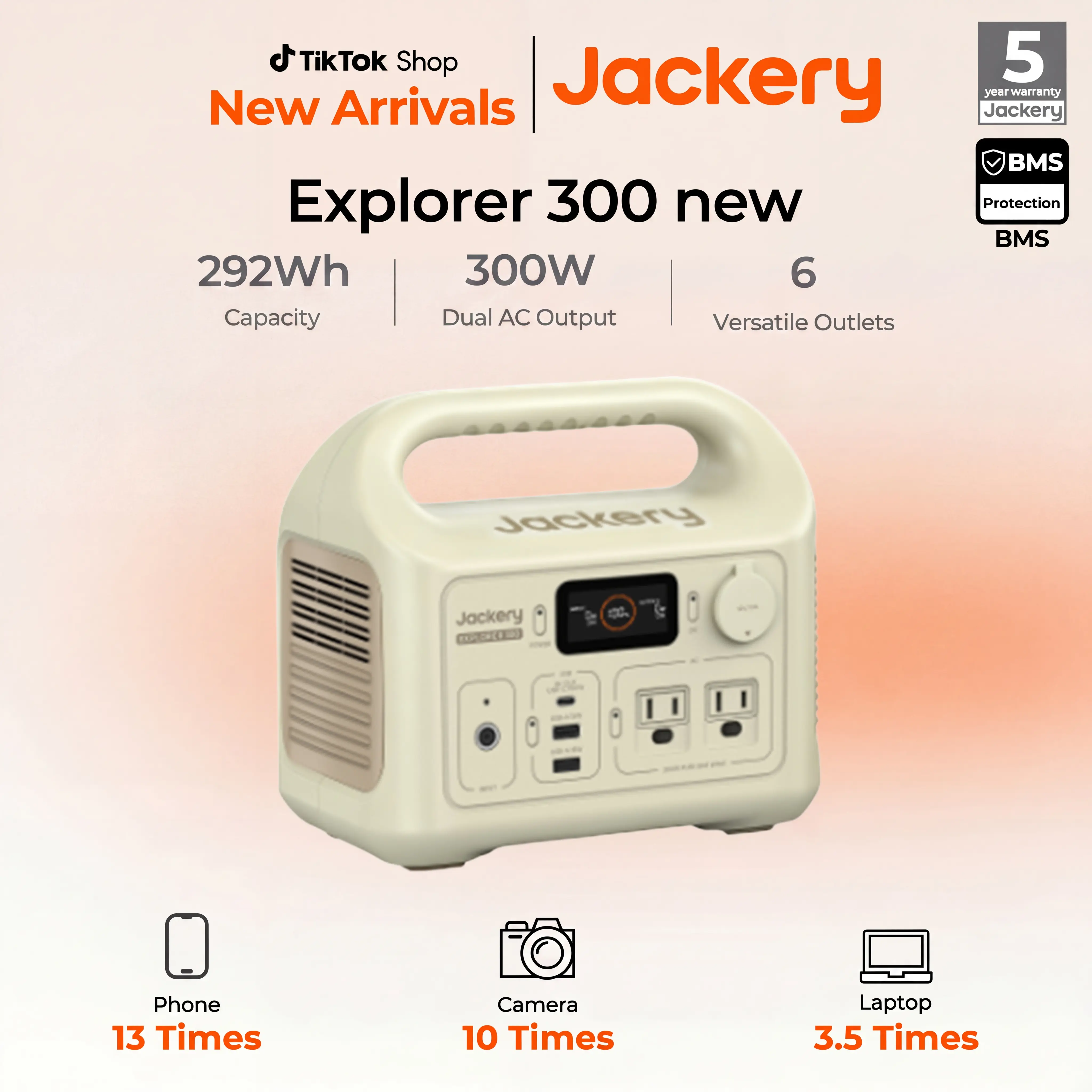 [Opening Ceremony]  Jackery Solar Generator 300, 292Wh Power Station, 300W Pure Sine Wave AC Outlet for RV Outdoors Camping Travel Blackout(Dune White)