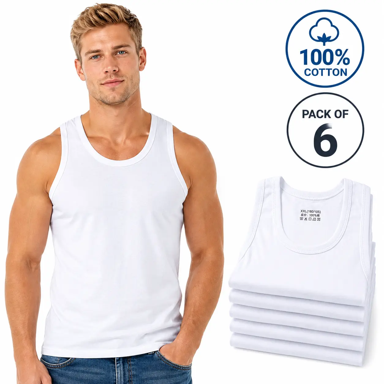Men's Tank Tops 6-Pack 100% cotton undershirts, ribbed gym tanks, bodybuilder muscle tees, tagless layering tanks, summer undershirts men, athletic workout tops, 6 pack white tees, breathable cotton tank, gym tank top set