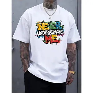 Men's 'Never Underestimate Me' Motivational Graffiti Print T-Shirt- Light Gray Regular Fit Casual Short Sleeve Summer Top, Motivational Gear| Casual Style T-Shirt