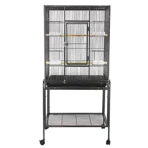 53 Inch Large Bird Flight Cage on Wheels, Wrought Iron Standing Parrot Cage with Slide-Out Tray & Wooden Perches, Heavy Duty Metal Birdcage for Parakeets, Cockatiels, Conures, Black
