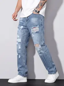 Men's Straight Leg Ripped Jeans, Casual Blue Denim Long Pants, Comfortable Daily Wear, Fashion Essential, Street Style, Casual Streetwear Jeans