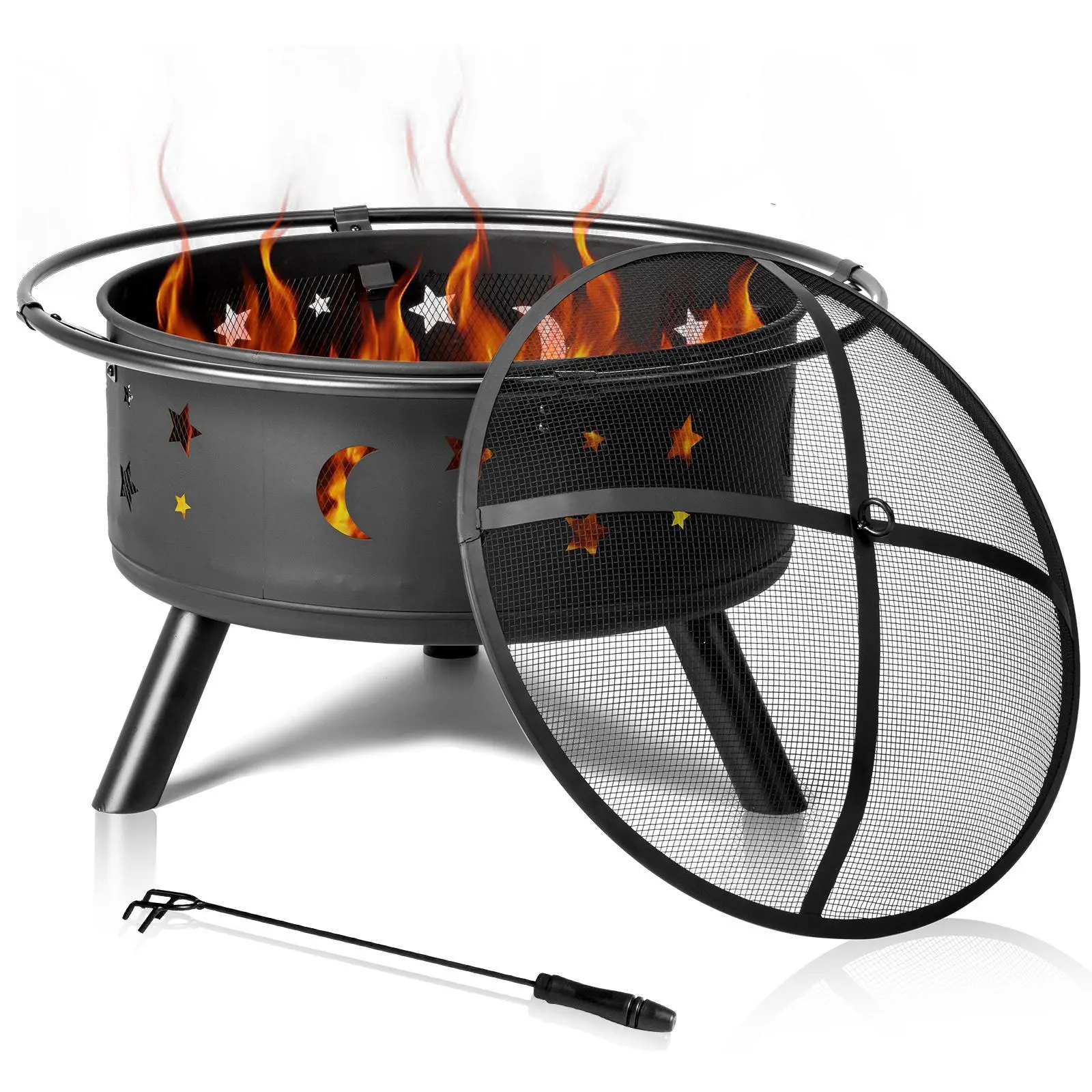 【Summervibes】Ubesgoo 30-in Modern Freestanding Outdoor Patio Wood Burning Fire Pit - Star and Moon Round Metal Fire Pit & Bowl with Lid and Poker for Backyard Garden Gatherings, Outdoor Fire Pit