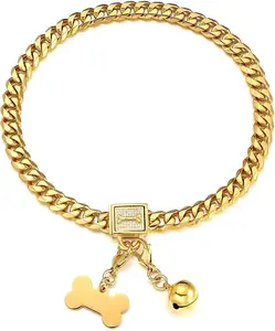 Gold Chain Dog Collar Walking Trainning Chain Collar with CZ Lock ID Tag and Bell Chew Proof 11MM/15MM/19MM Stainless Steel Cuban Link Chain for Small Medium Large Dogs(11Mm, 10Inch)