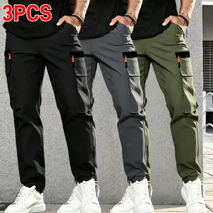 3-piece set of men’s solid tactical cargo pants with spacious side pockets; versatile trousers ideal for construction workers and outdoor hiking, suitable for spring, summer, and autumn wear.