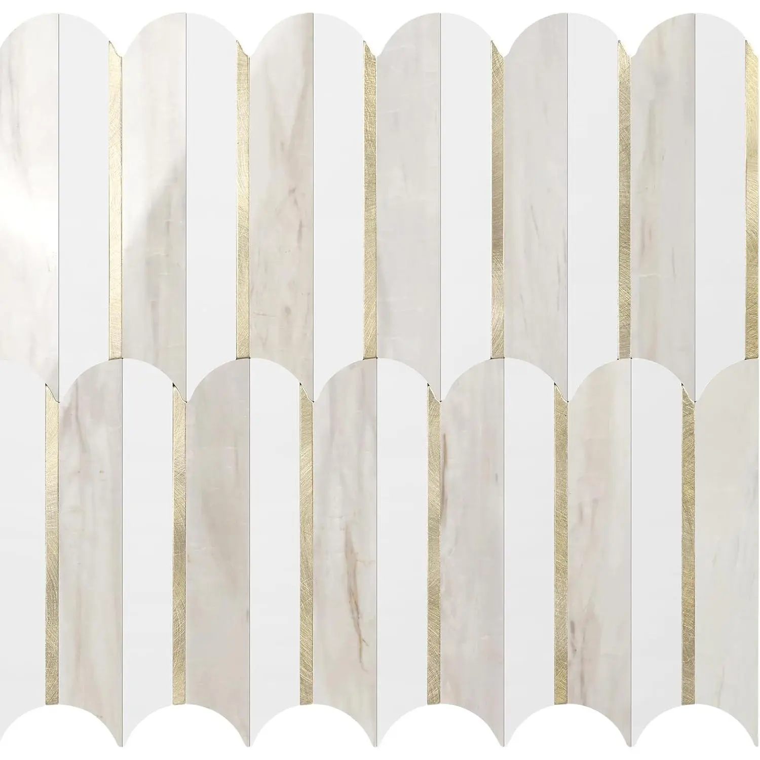 Oval Waterproof Peel-and-Stick Backsplash Tiles - 10 Sheets Geometric PVC Laminates, White Glossy Wooden Marble-Mixed Light Gold Fish Scale Metal Mosaic, High Impact Heat Resistant DIY-Friendly Kitchen, Bathroom & Laundry Room Wall Decor, 2-Year Warranty