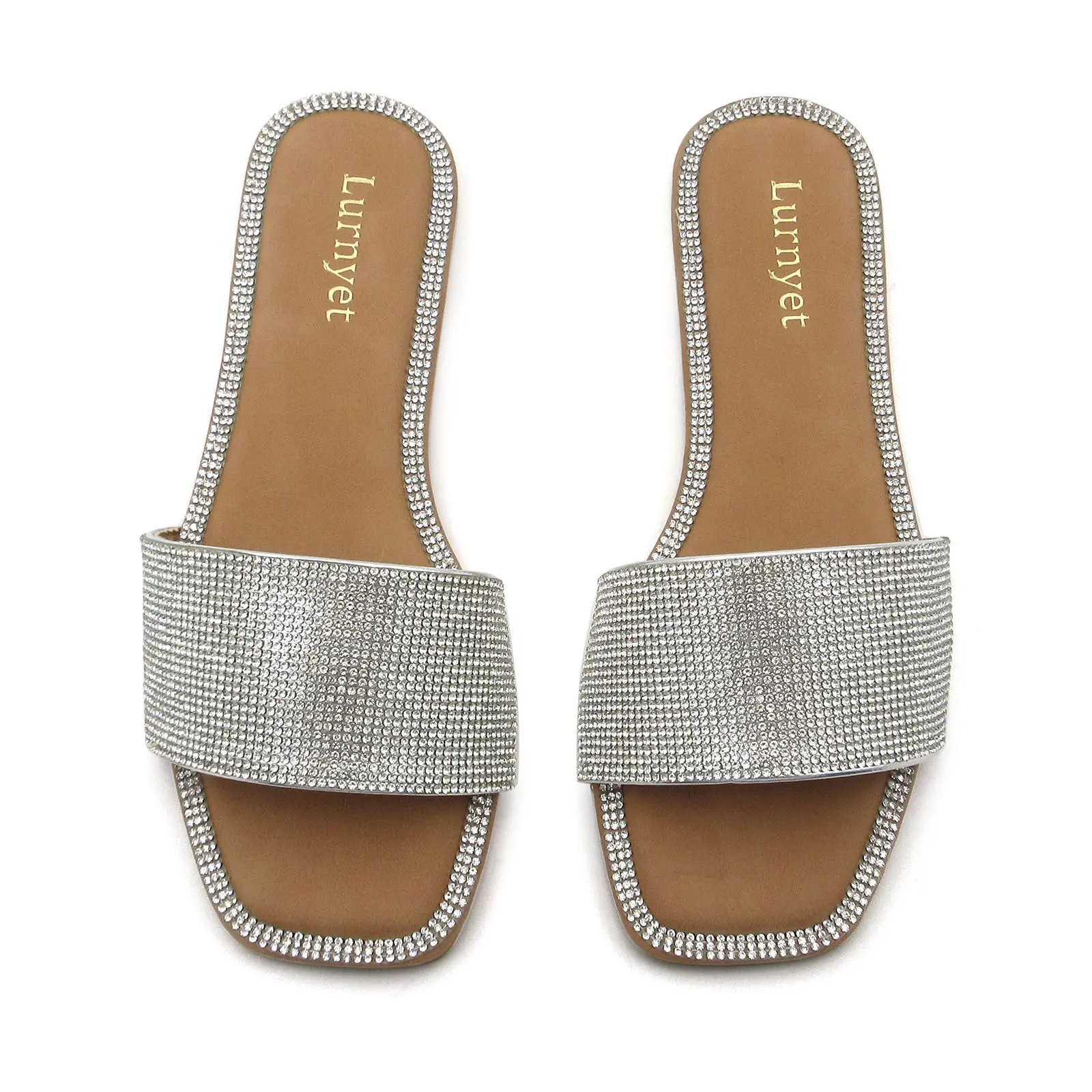 SILENTCARE Women's Bohemian Rhinestone PU Slide Sandals for Women - Slip-On Square-Toe Casual Summer Footwear with Ergonomic Footbed, Breathable Design, Anti-Slip TPR Soles, Sandals Women