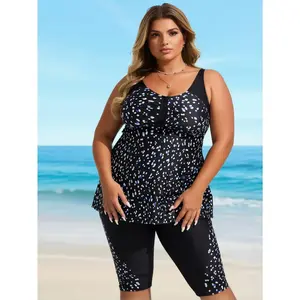 Women's Plus Size Black Dot   - Two-Piece Swimwear with Capri Leggings for Beach Pool Vacation set Flattering Tummy Control Racerback  with Boy Shorts - Ideal for Beach Days, Pool Parties & Family Vacations| one swimsuit tankini swim