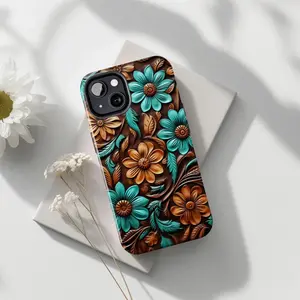 Tooled Leather Floral Phone Case  Western Cowgirl Turquoise 3D Effect Cover for IP Phone 17 16 15 14 13 12 11 Pro Max Plus Mini X XR XS