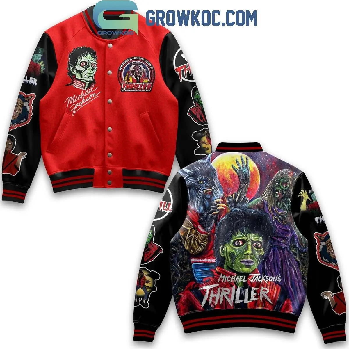 Jackson Thriller Baseball Jacket Zombie Face Werewolf Full Moon Back Graphic Pop Music Legend Loose Fit Button Up Casual Outerwear For Men Women Fall Winter Spring Clothing