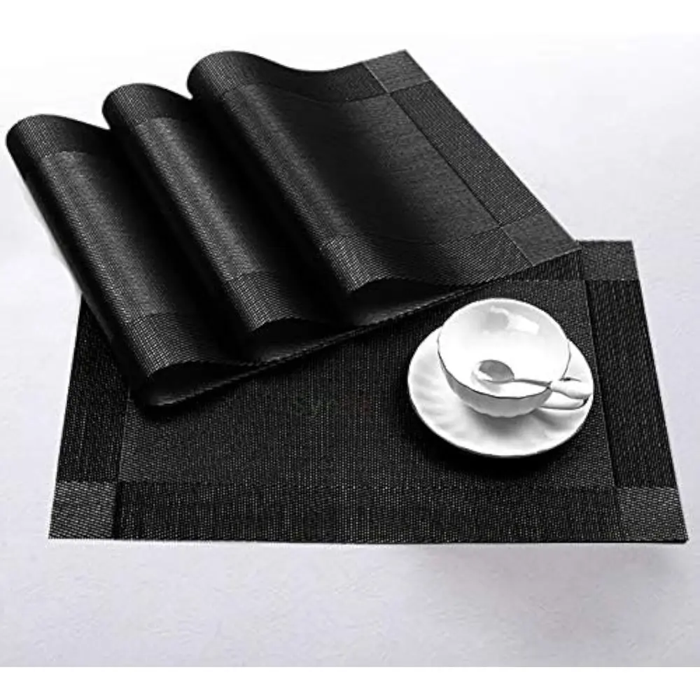 PVC Rectangle Black Placemats & Coasters 4-Piece Set - Solid Classic Design, Durable, Non-Slip, Heat-Resistant, Water-Resistant, Easy Care for Family Holiday Table, Inviting and Put-Together Dining Experience, Save Dinner