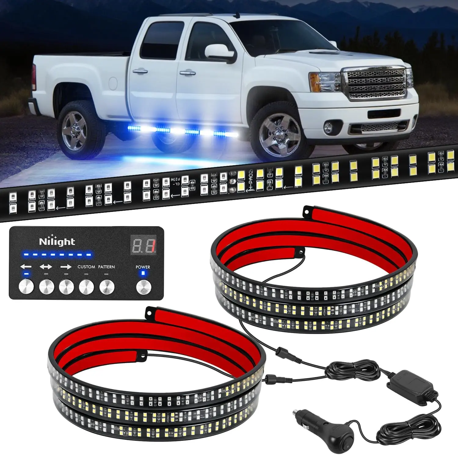 Nilight 2PCS 70-Inch Strobe LED Light Strips with Controller, 864 LEDs, Adhesive Peel-Stick PVC Hose, Blue-White Flexible Side Flashing Running Board Strips, Waterproof Safety Strobe Bars & Work Lights for Trucks