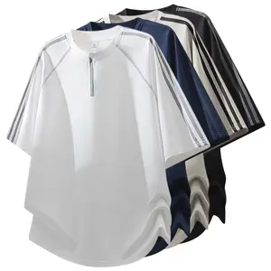 Men’s summer ice-feel short-sleeve T-shirt with half zipper—quick-drying, breathable, moisture-wicking athletic training wear; minimalist, versatile design with a half placket; casual everyday commuting top