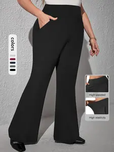 【Plus Size】 Solid High Waist Flare Leg Leggings, Casual Comfy Breathable Bell Bottom Skinny Trouser for Daily Wear, Women's Bottoms for Fall & Winter