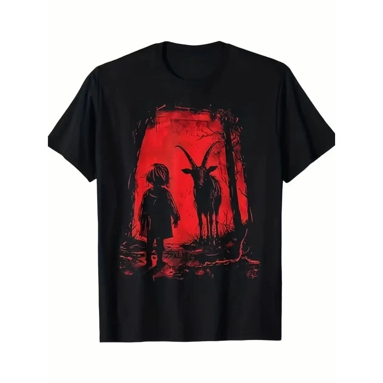 Men's Gothic 666 Satanic Goat Graphic T-Shirt - Black Demonic Print Cotton Stree 91G