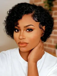 13x4x1 Lace Front Wig, Side Part Water Wave Bob, Human Hair Wig, Elegant Pixie Cut, Curly Hairstyle, Natural Look, for Women