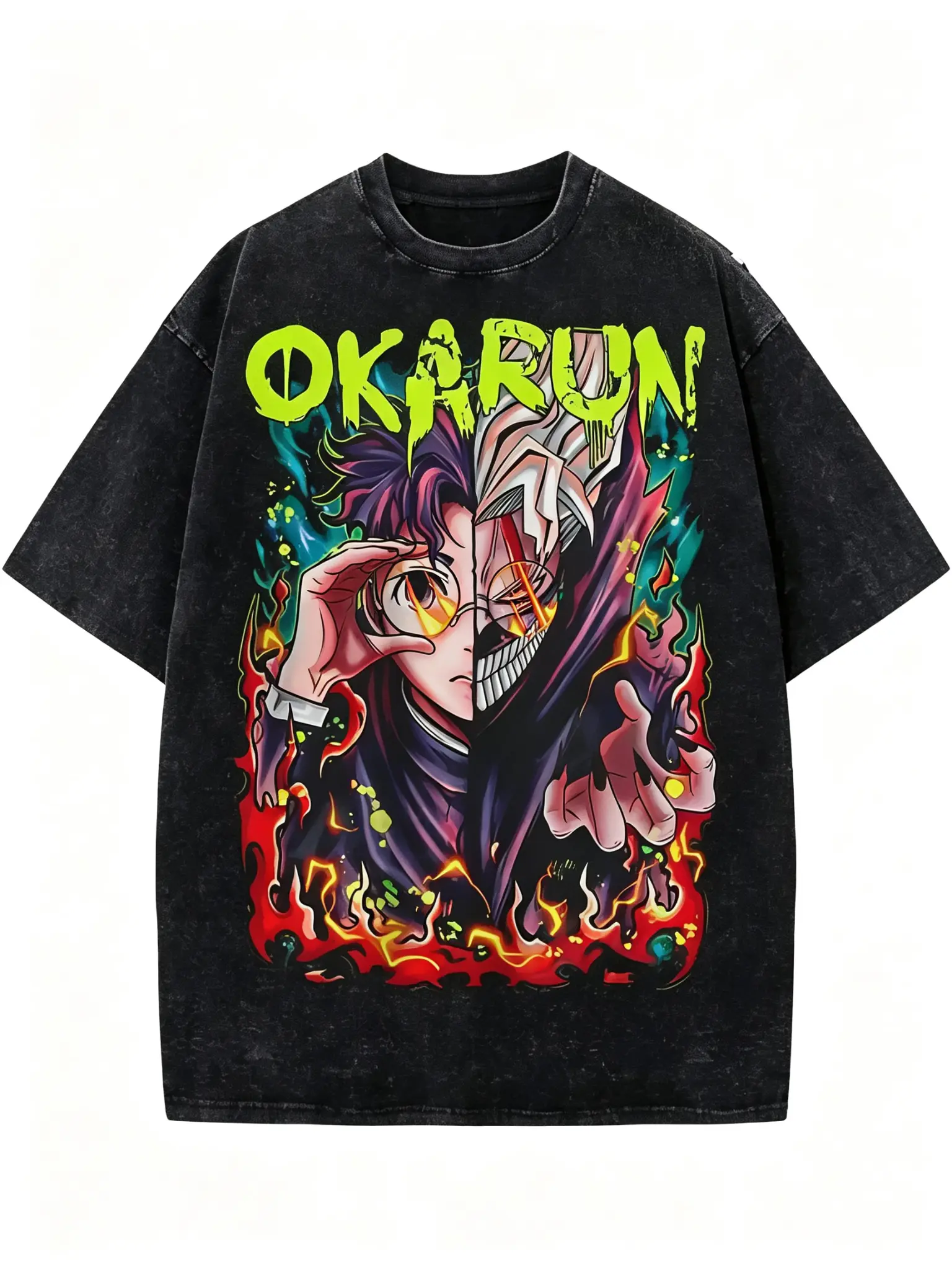 Dandadan Okarun Longsleeves T-Shirt - Unisex 100% Cotton Vintage Retro Washed Round Neck Streetwear, Oversized Relaxed Fit, Flame Portrait & Double Print Motif, Pre-Washed Soft Multi-Size (Up to 3XL) Menswear Top