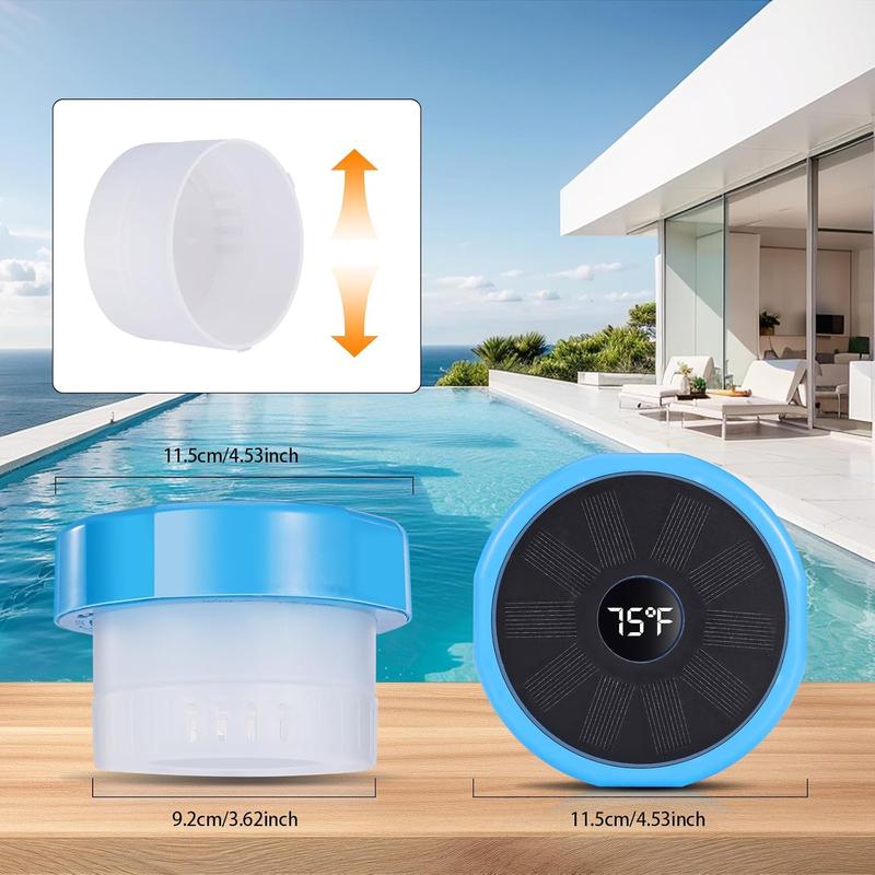 Pool Chlorine Floater with Temperature Display, Floating Chlorine Dispenser Fit for 1" and 3" Tablets Solar Charging,Anti-Sinking Dispenser for Pond Spa Hot Tub Floating Opening Blue