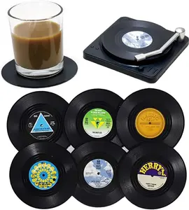 6 count Retro CD Record Coasters with Holder Vinyl Mug Mats Non-Slip Drink Coaster Set for  Glass  Coffee  Kitchen Decor  Idea