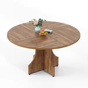 47 Inch Rustic Round Dining Table for 4-6, Wooden Farmhouse Circle Kitchen Furniture for Apartment or Small Dining Room Breakfast Nook